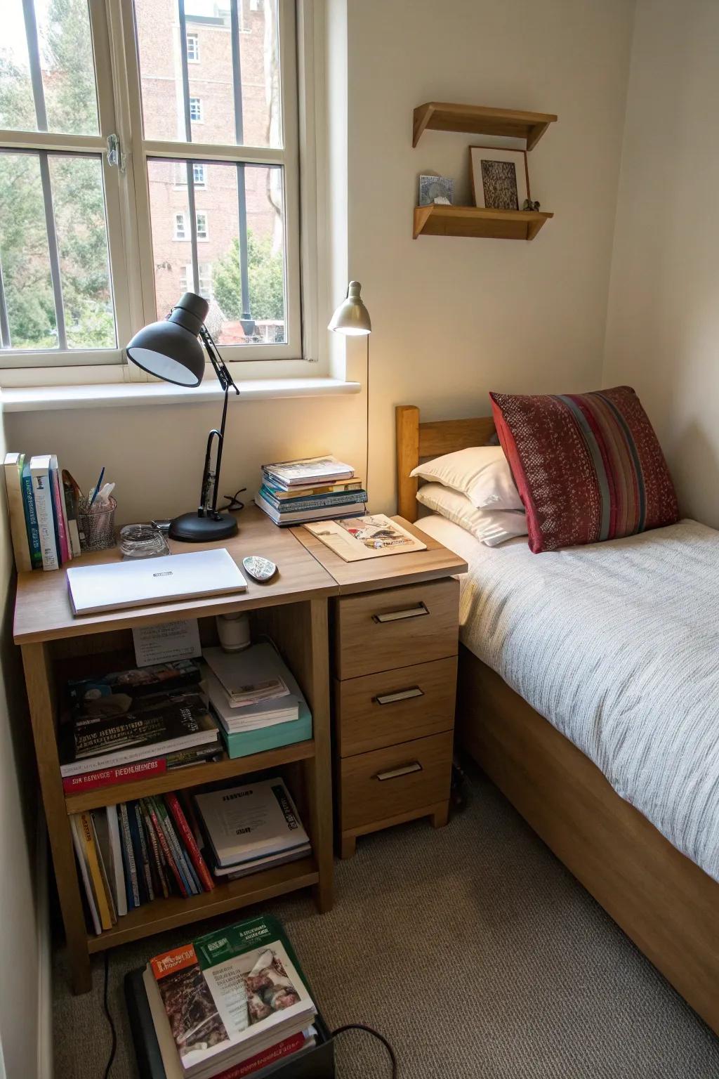 A desk functioning as a bedside table maximizes utility in small bedrooms.