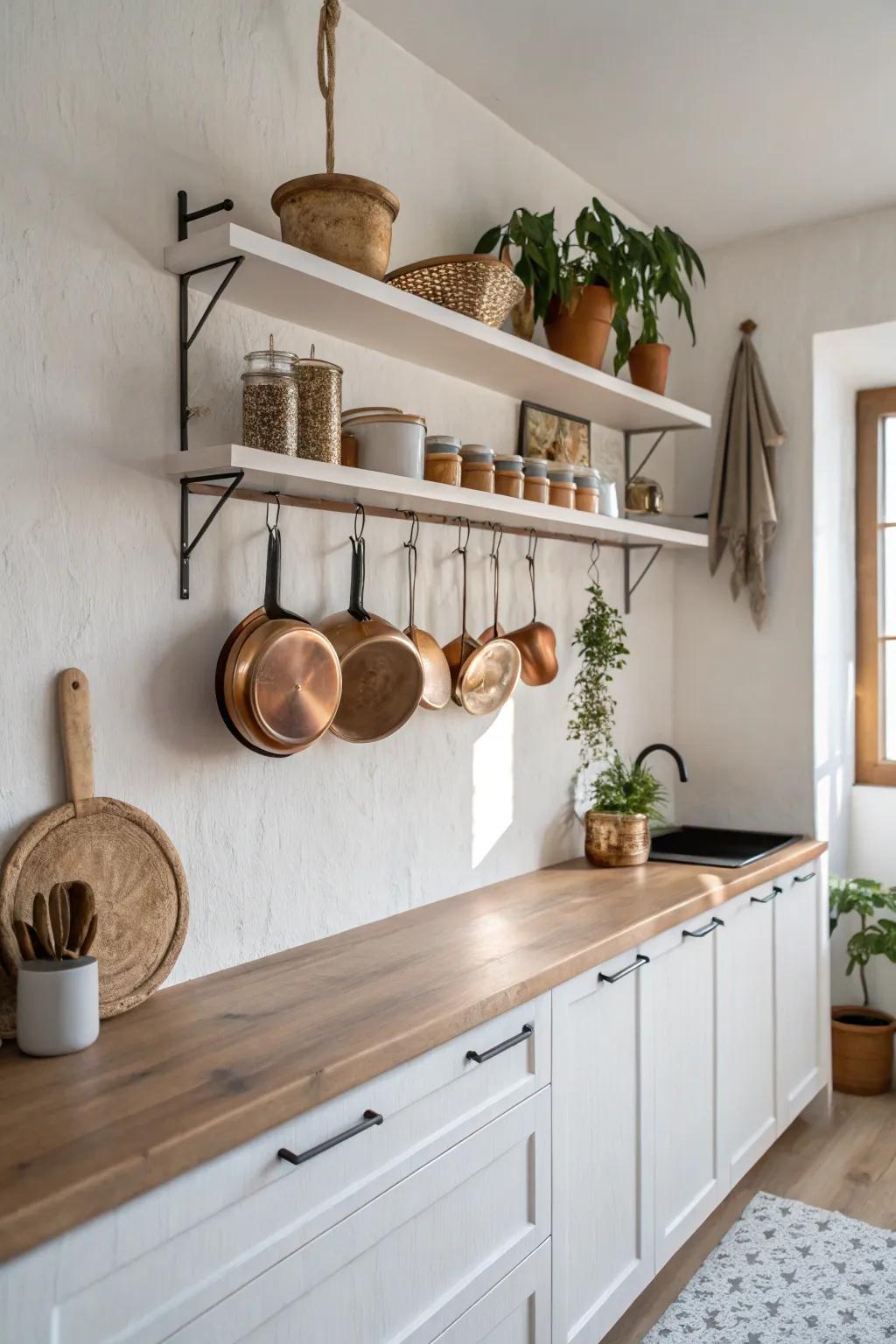 Enhance your kitchen's ambiance with refined vertical storage alternatives, harmonizing Scandinavian simplicity with Boho allure.