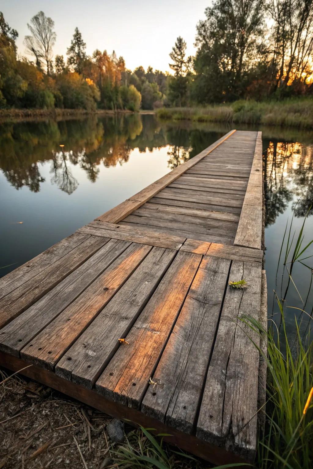 Savor the folksy charm of repurposed lumber showcased in this enchanting pond dock.