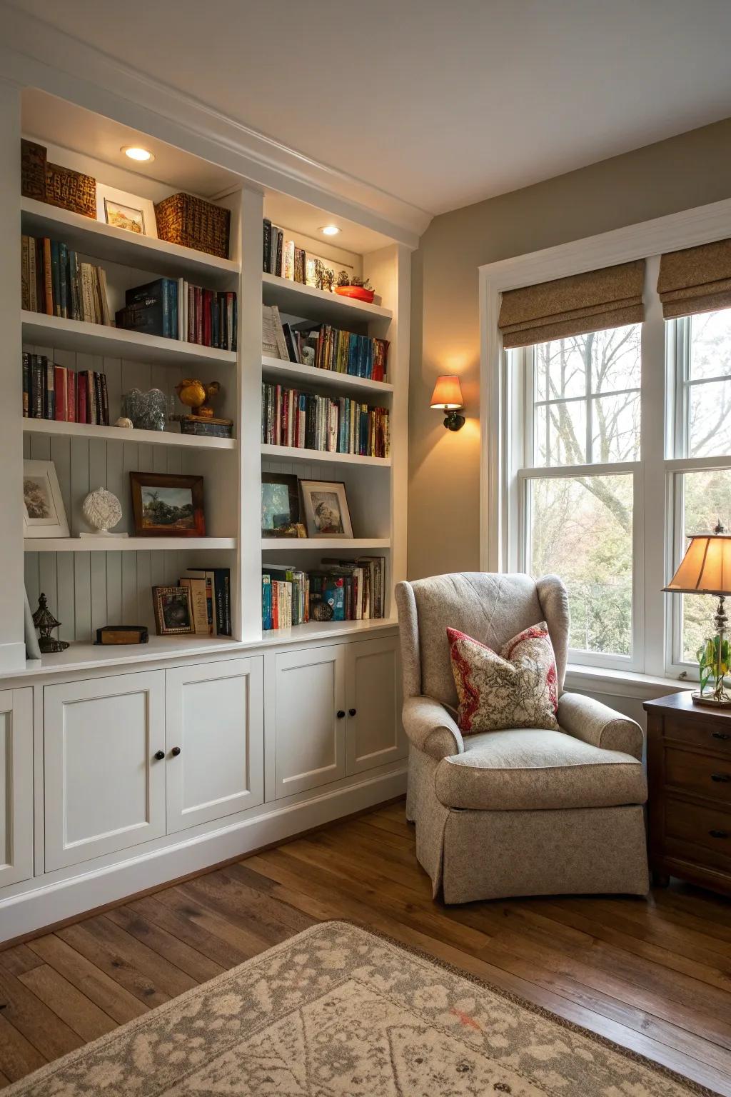 A crafted book nook enriches your spare room with charm and seamless organization.