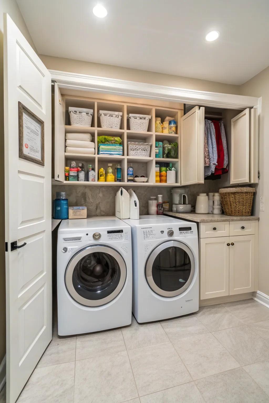 Integrated cabinetry maintains organization and style in your laundry area.