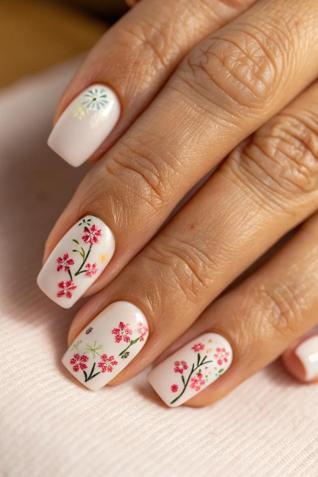 Savor the elegance of understatement with these finely detailed floral nail compositions.