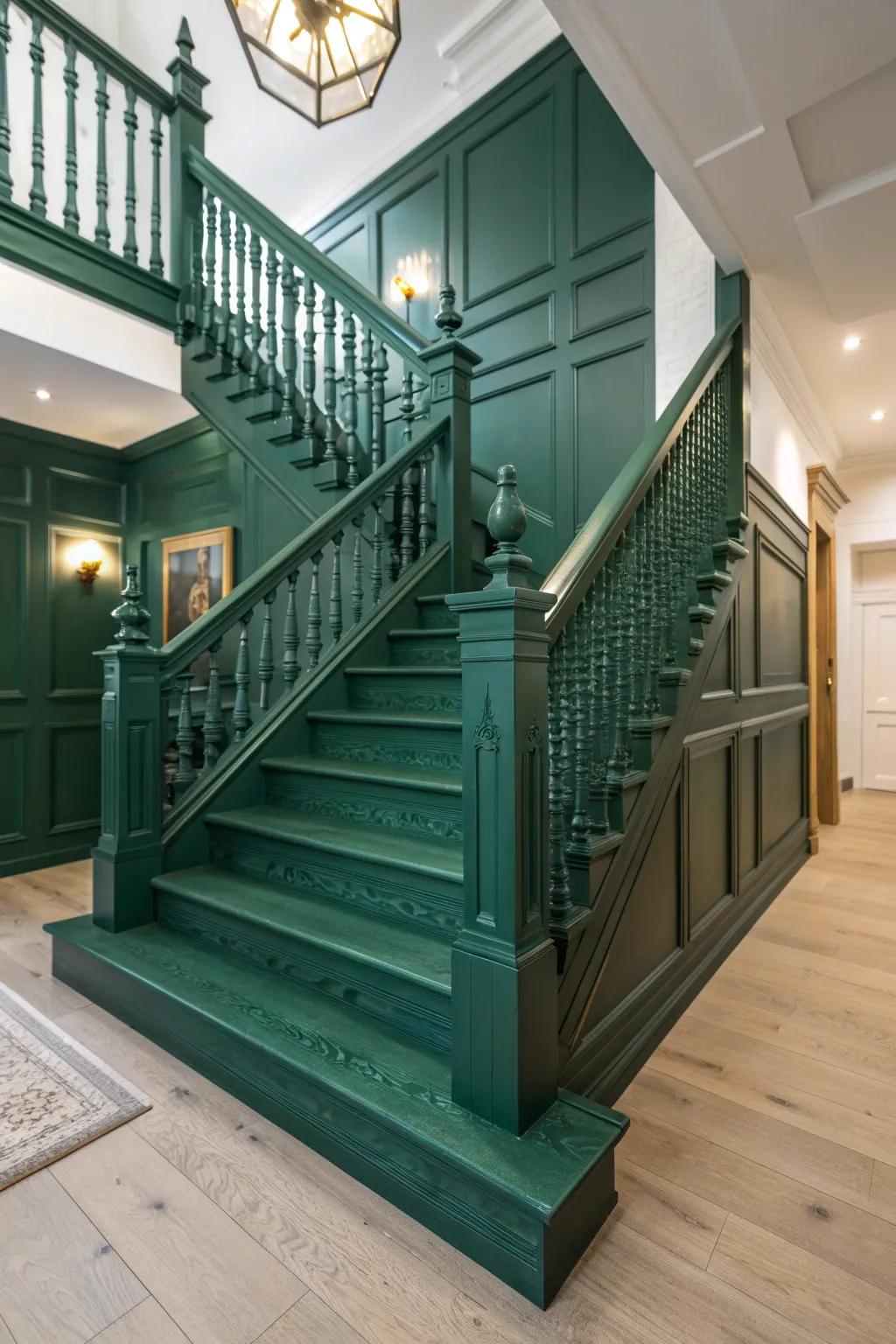 Elevate your staircase with a brave stroke of emerald for a stunning transformation.