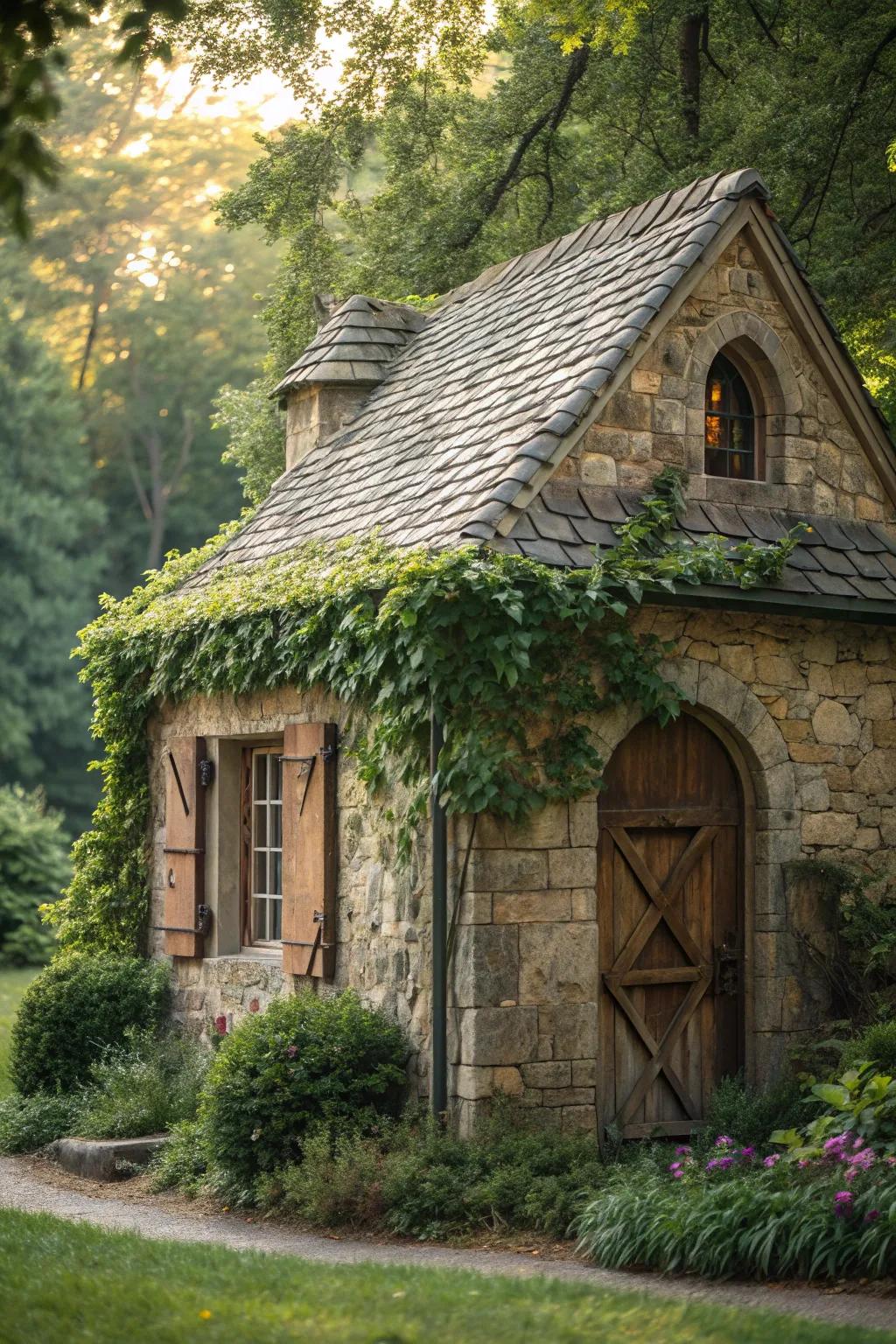 Venture into an enthralling tale with this enchanting stone cottage outbuilding, a symphony of artisanship and nature's splendor.