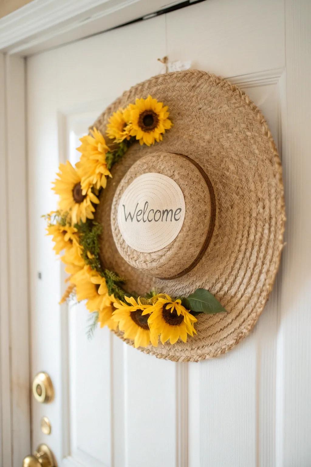 Welcome spring to your threshold with this captivating straw bonnet garland ornamented with sunflowers.