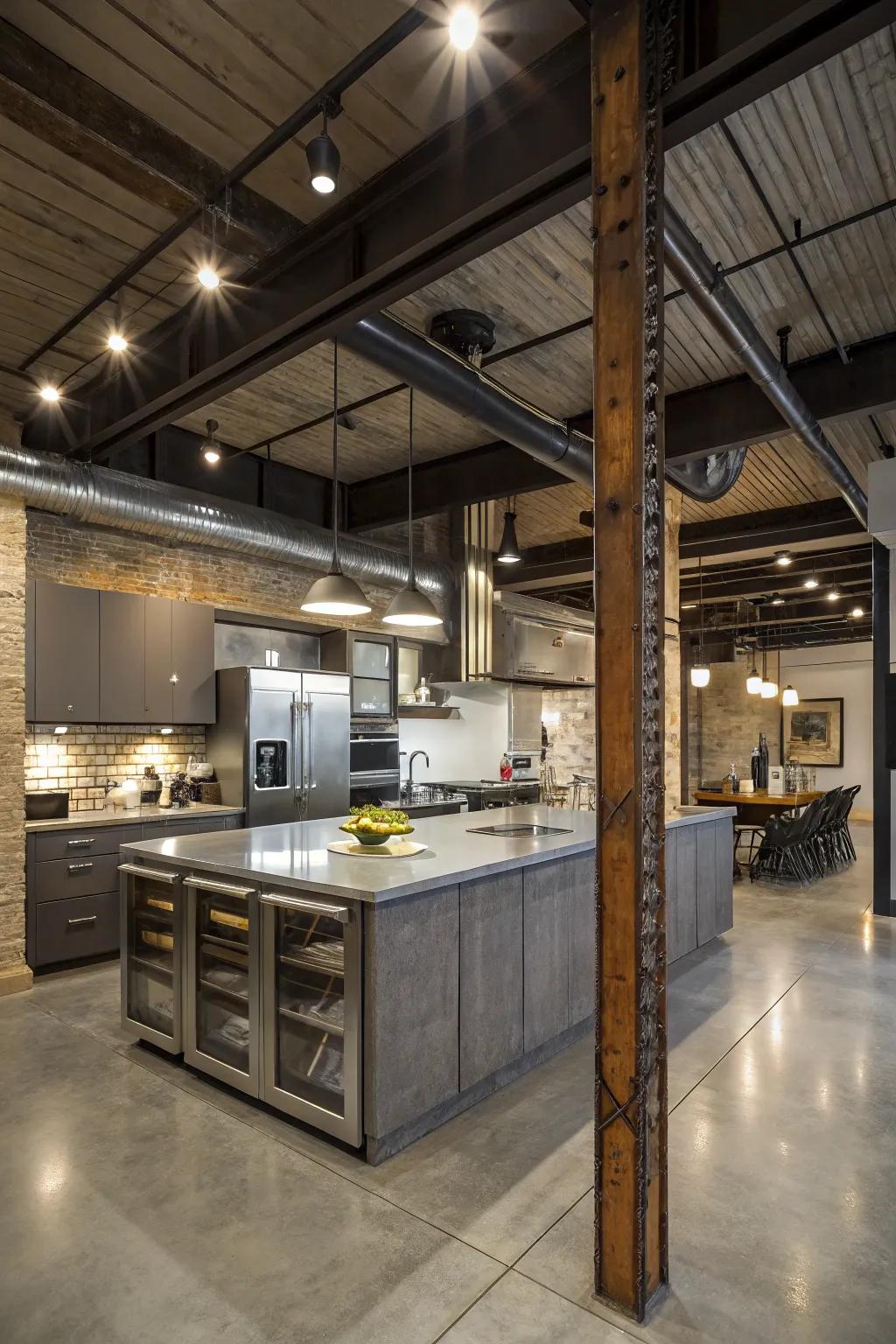 A stylish, industrial-themed kitchen island featuring refined metal support beams.