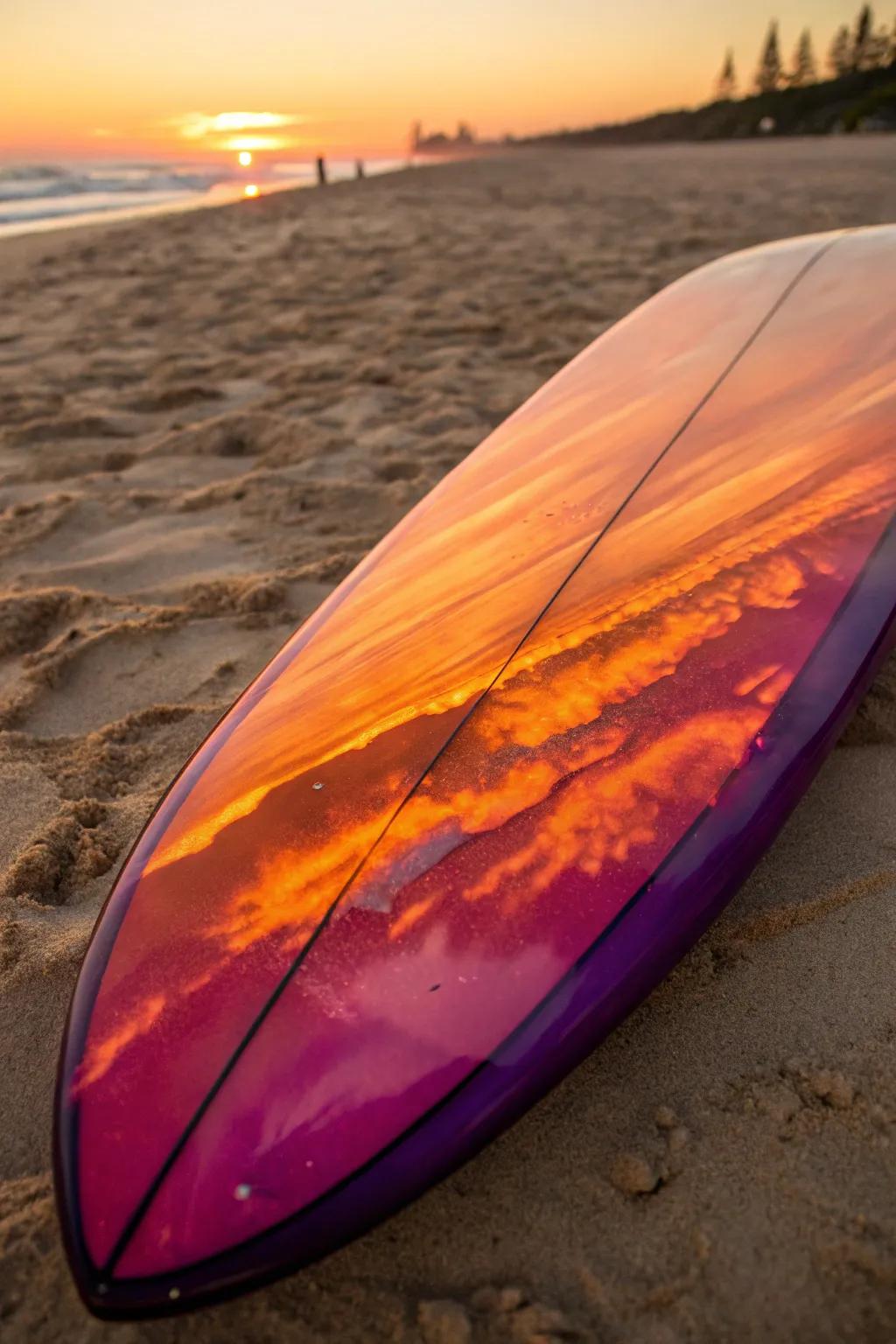 Surf under the sunset’s reflection. This handmade surfboard mirrors the charm of the golden hour through its vivid resin tint.