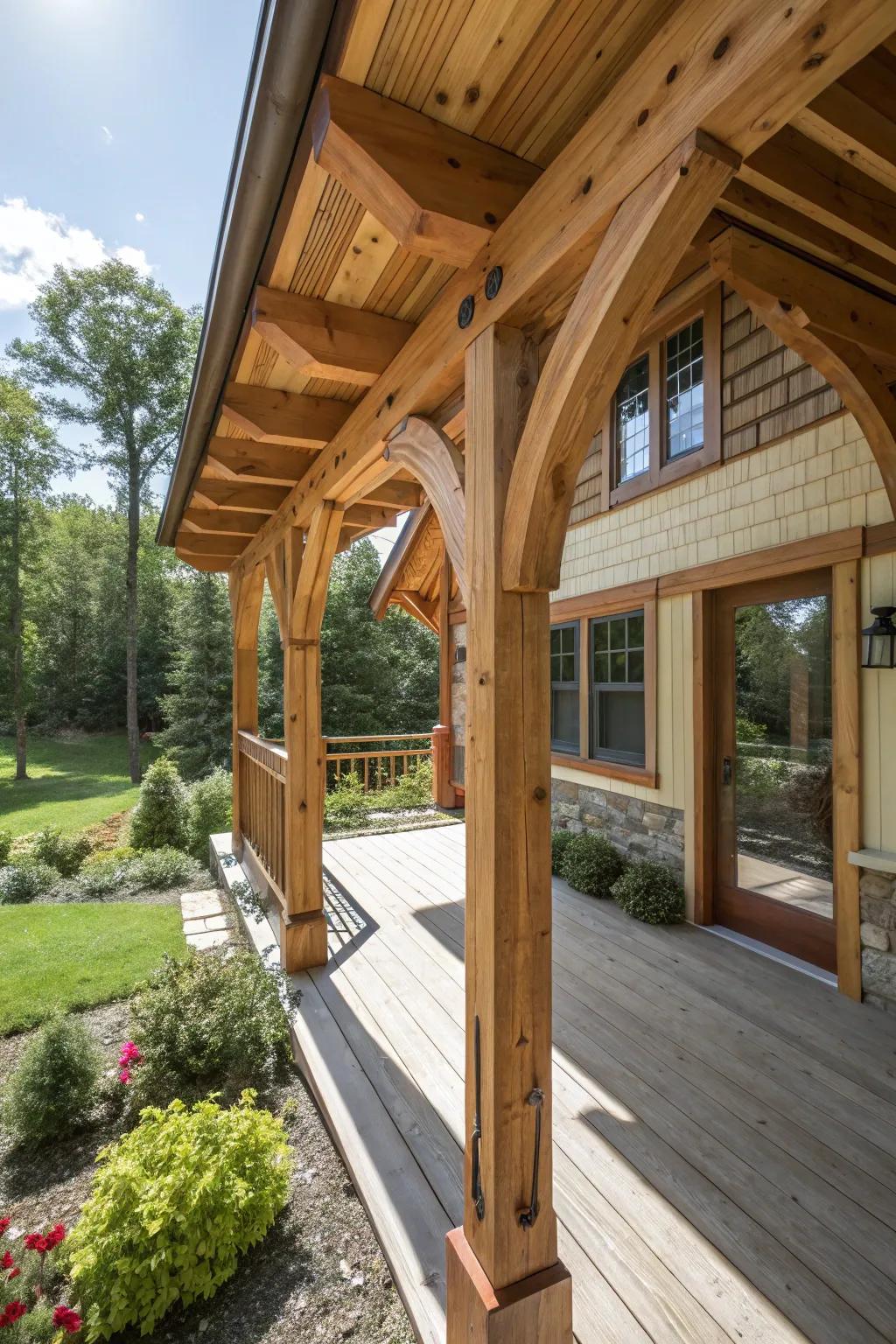Unveil the fascination and grace of a hand-fashioned timber frame all-encompassing porch, where artistry converges with the natural realm.