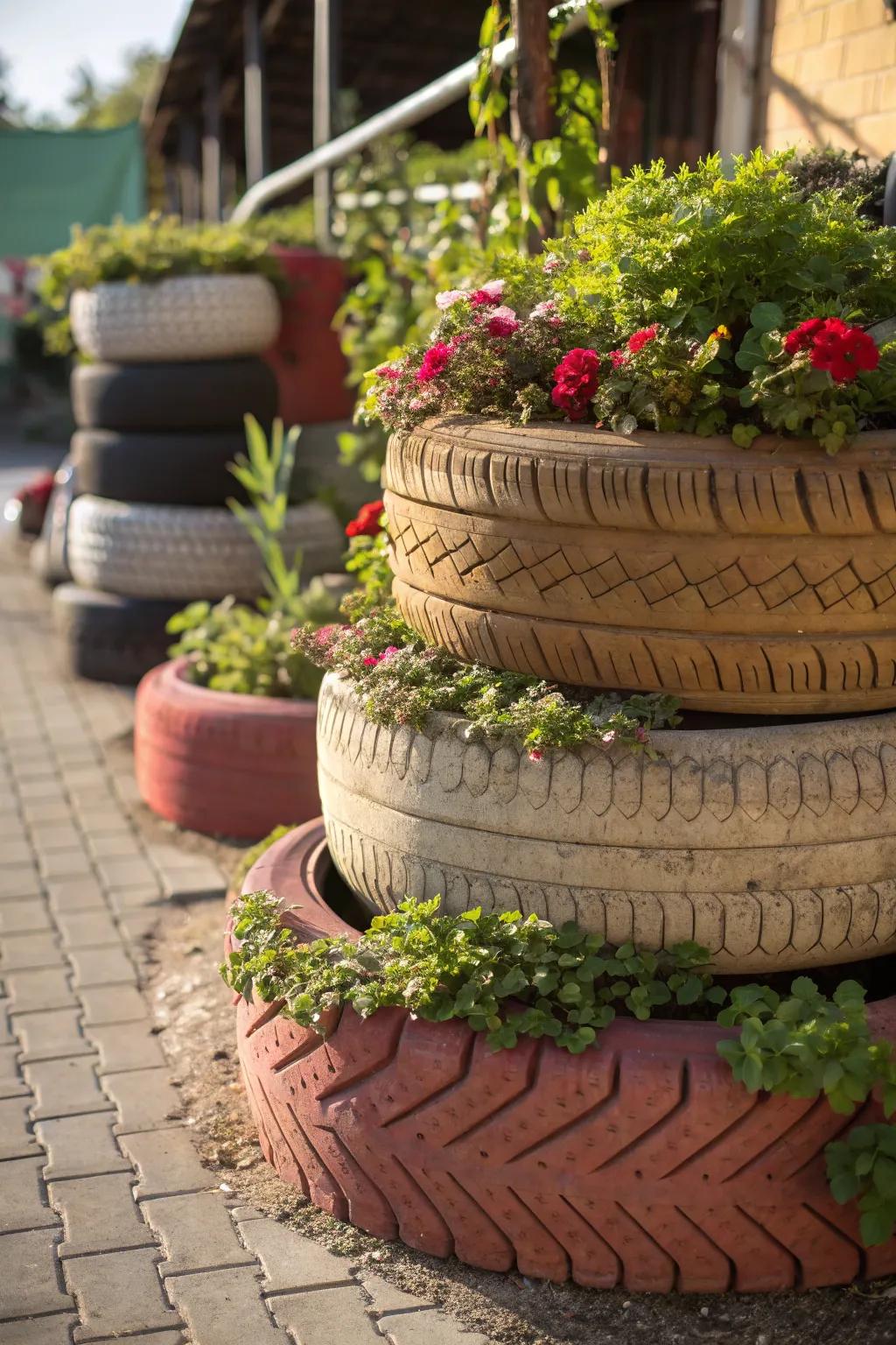 Transform your garden with these creative assembled tire planters—where handiwork meets nature's beauty.
