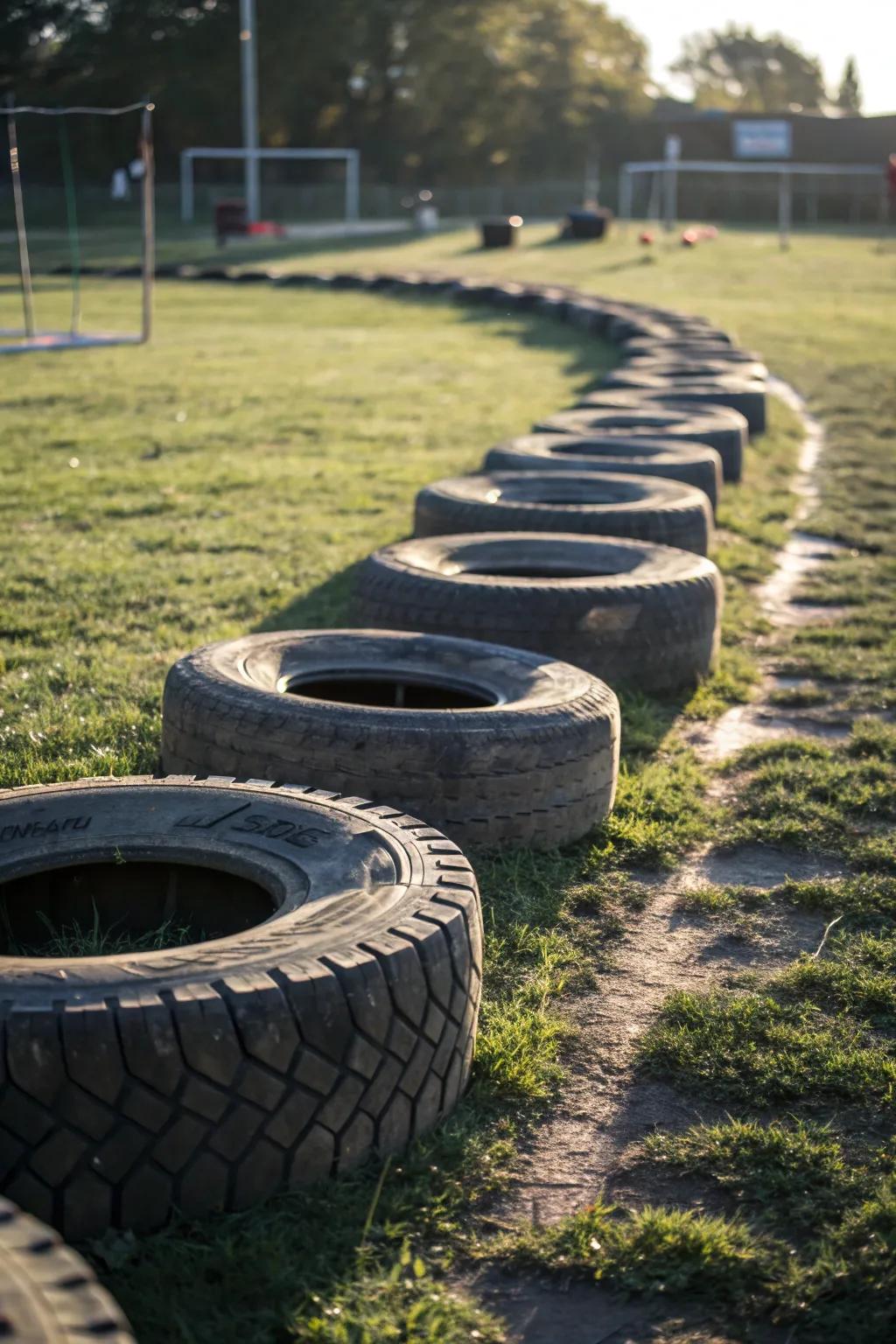 Relive the excitement of equilibrium and agility with this reminiscent tire playground pathway.