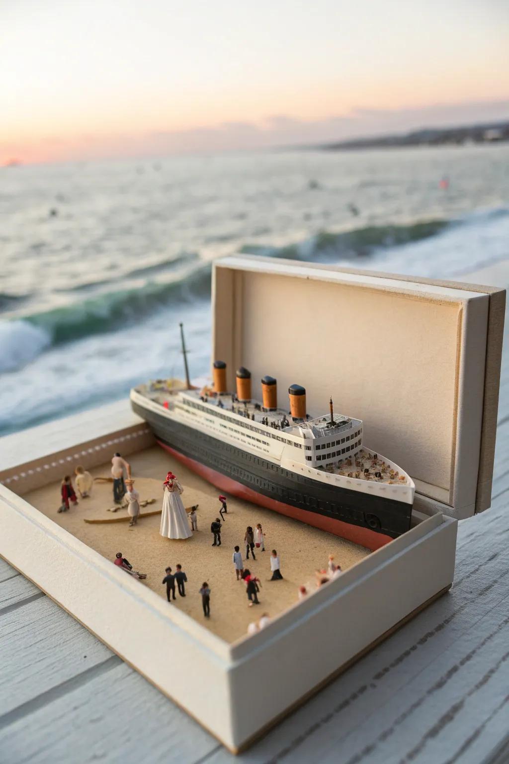Journey back through time with this serene, handcrafted Ocean Liner miniature scene, which perfectly captures the spirit of a legendary expedition.