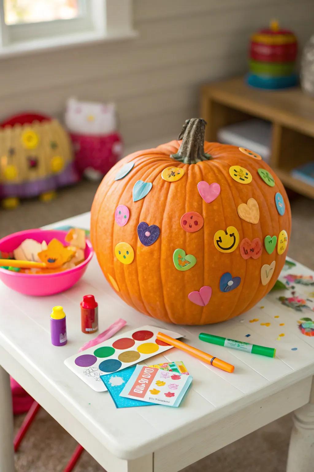 A pumpkin covered in stickers, ready for Halloween festivities.