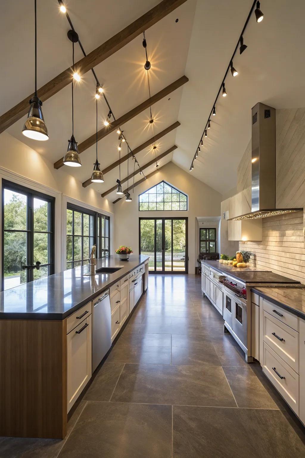 Track lighting introduces both panache and practical illumination to an open kitchen setting.