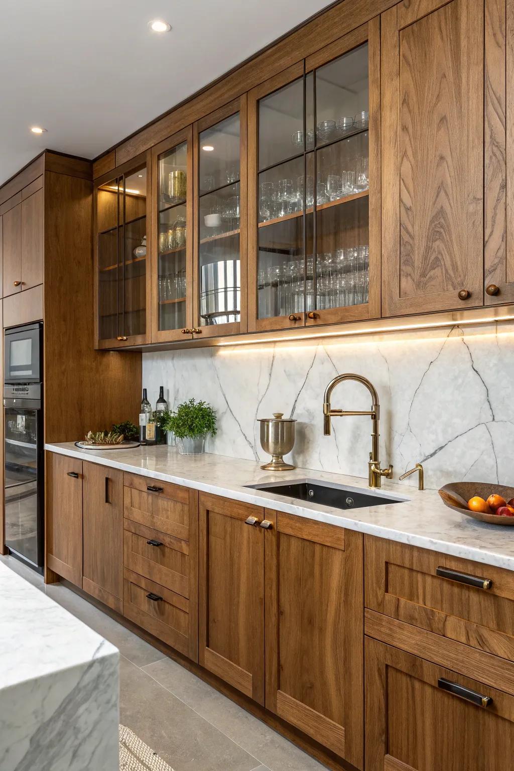 A vibrant combination of diverse materials fashions an alluring kitchen ambiance.