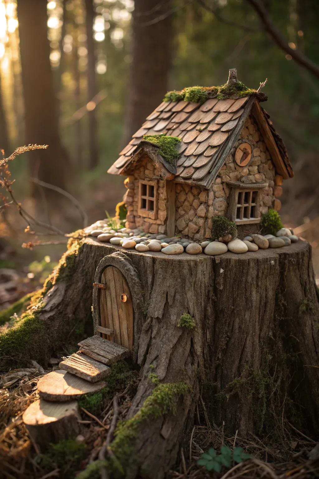Transform your tree stump into a captivating woodland hideaway with homespun artistry.