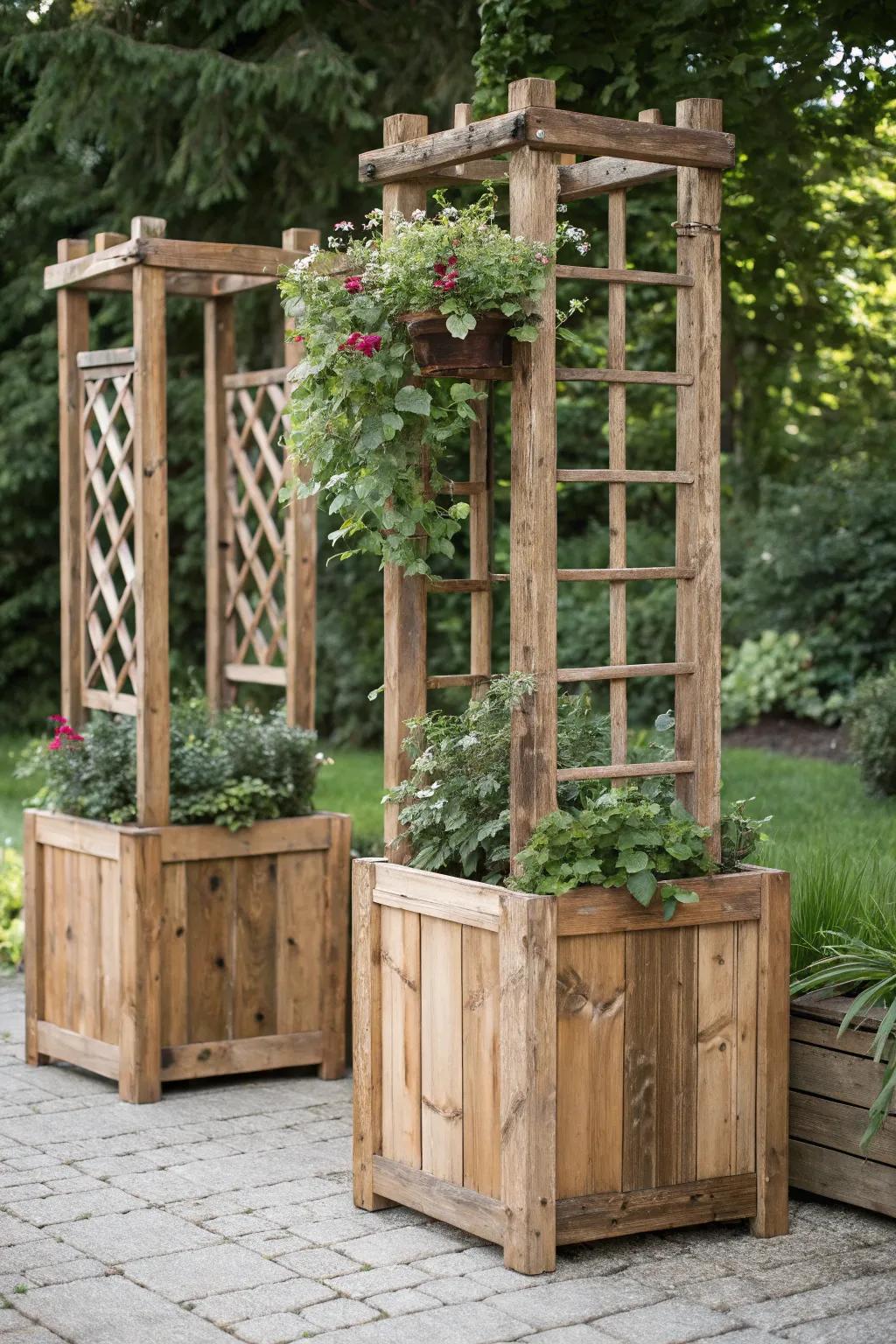 Embrace country elegance with a handcrafted timber trellis and planters, suited for a snug backyard haven.