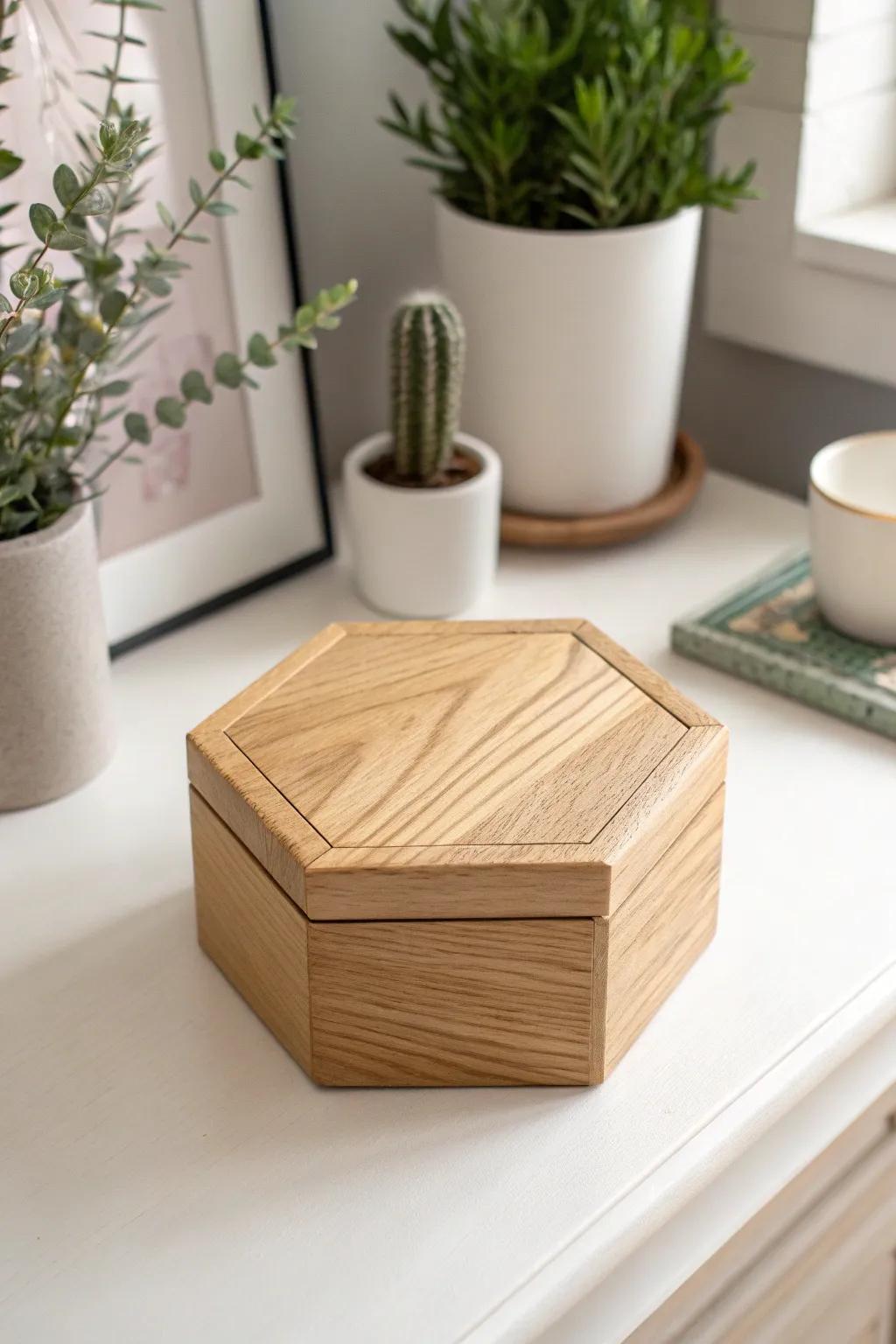 Enhance your area with the charm of a geometric wooden box, ideal for aficionados of craftsmanship and simplicity.