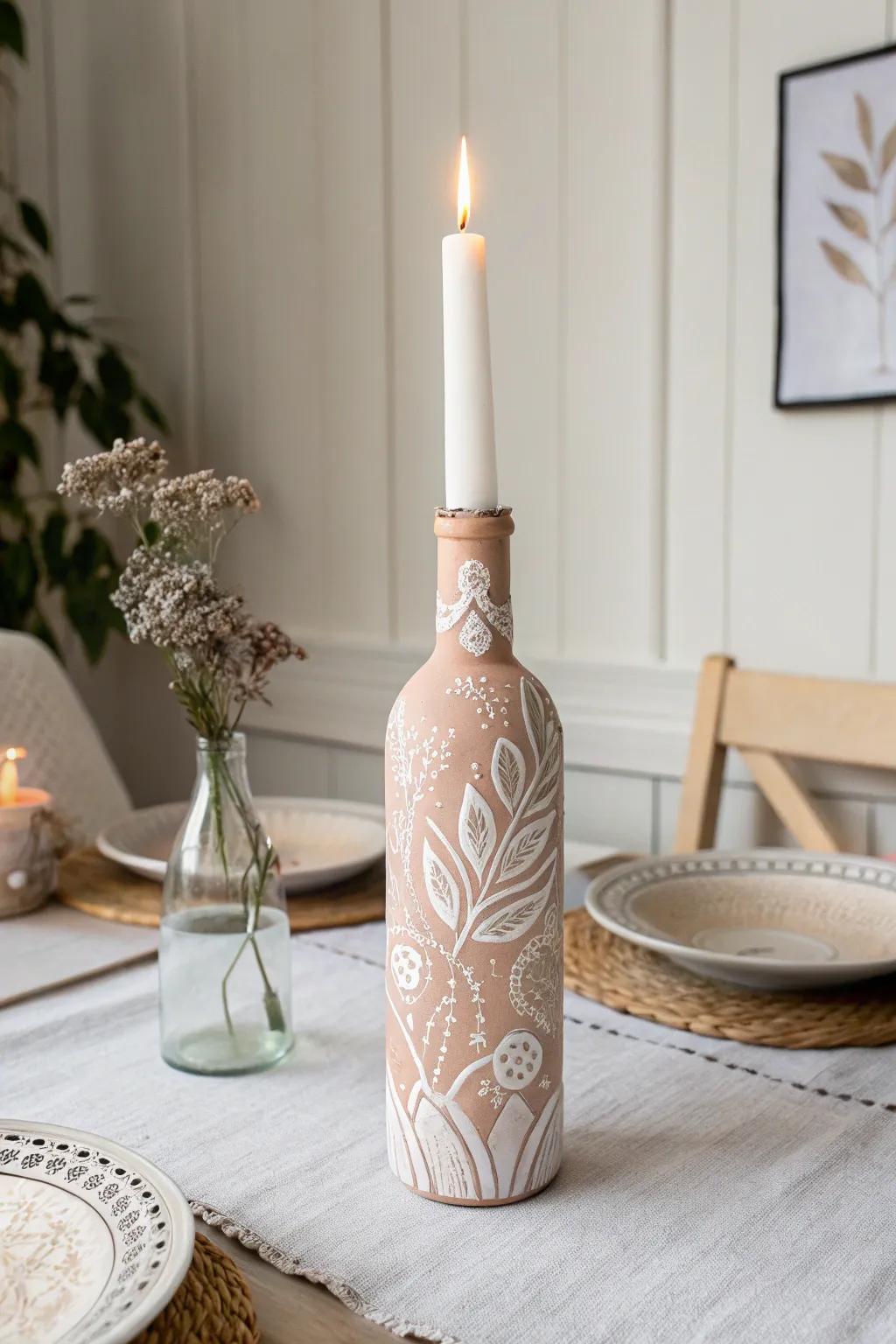 Revitalize your dining space with this captivating repurposed wine bottle luminary, intermingling minimalist allure with bohemian grace.