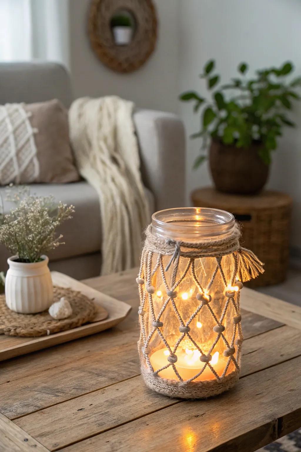 Transform your environment with the alluring radiance emanating from repurposed preserving-jar lights. 🌿✨ #DIYLighting #ScandiBoho