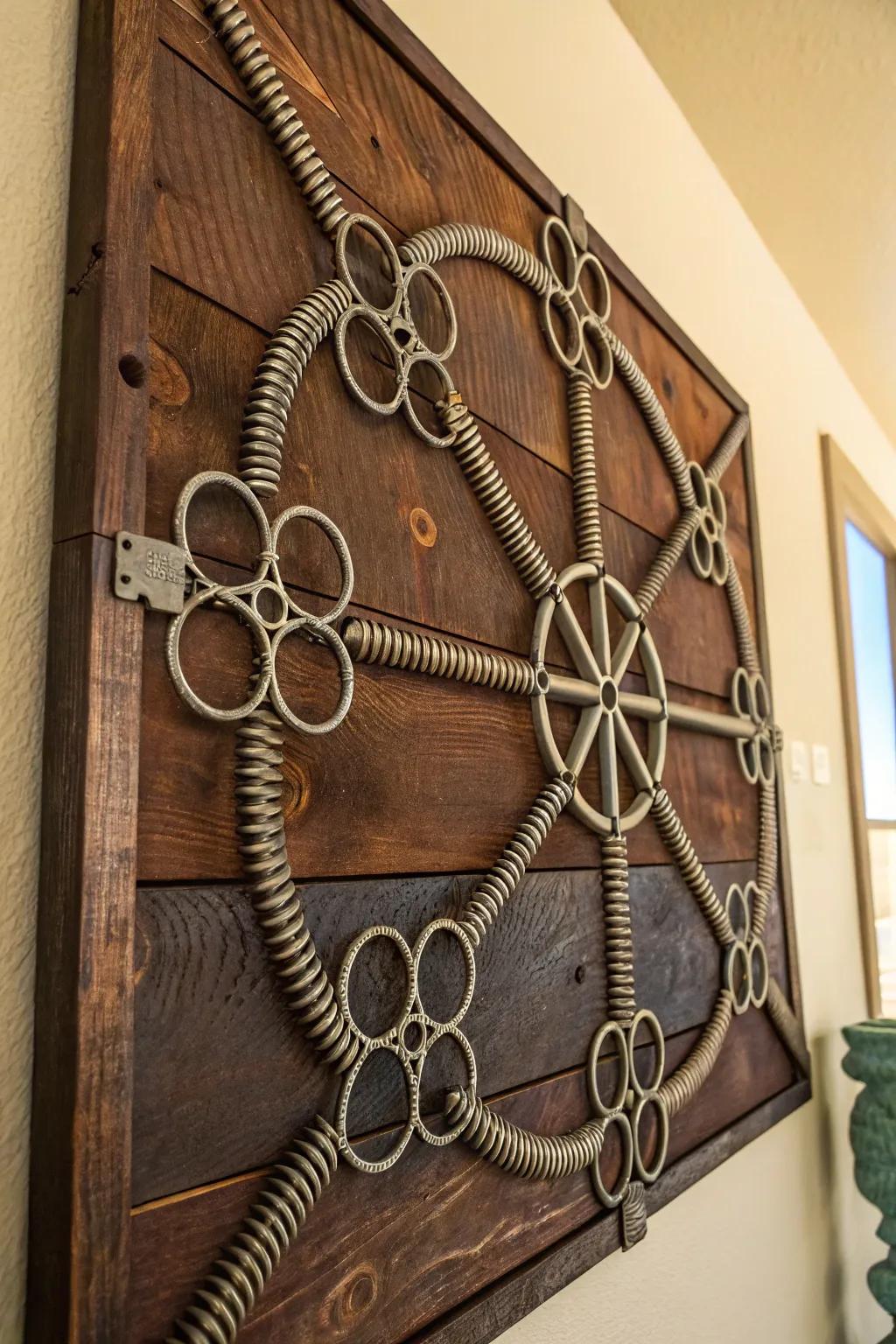 Convert aged trampoline springs into striking country-style wall art that imparts industrial allure to your abode.