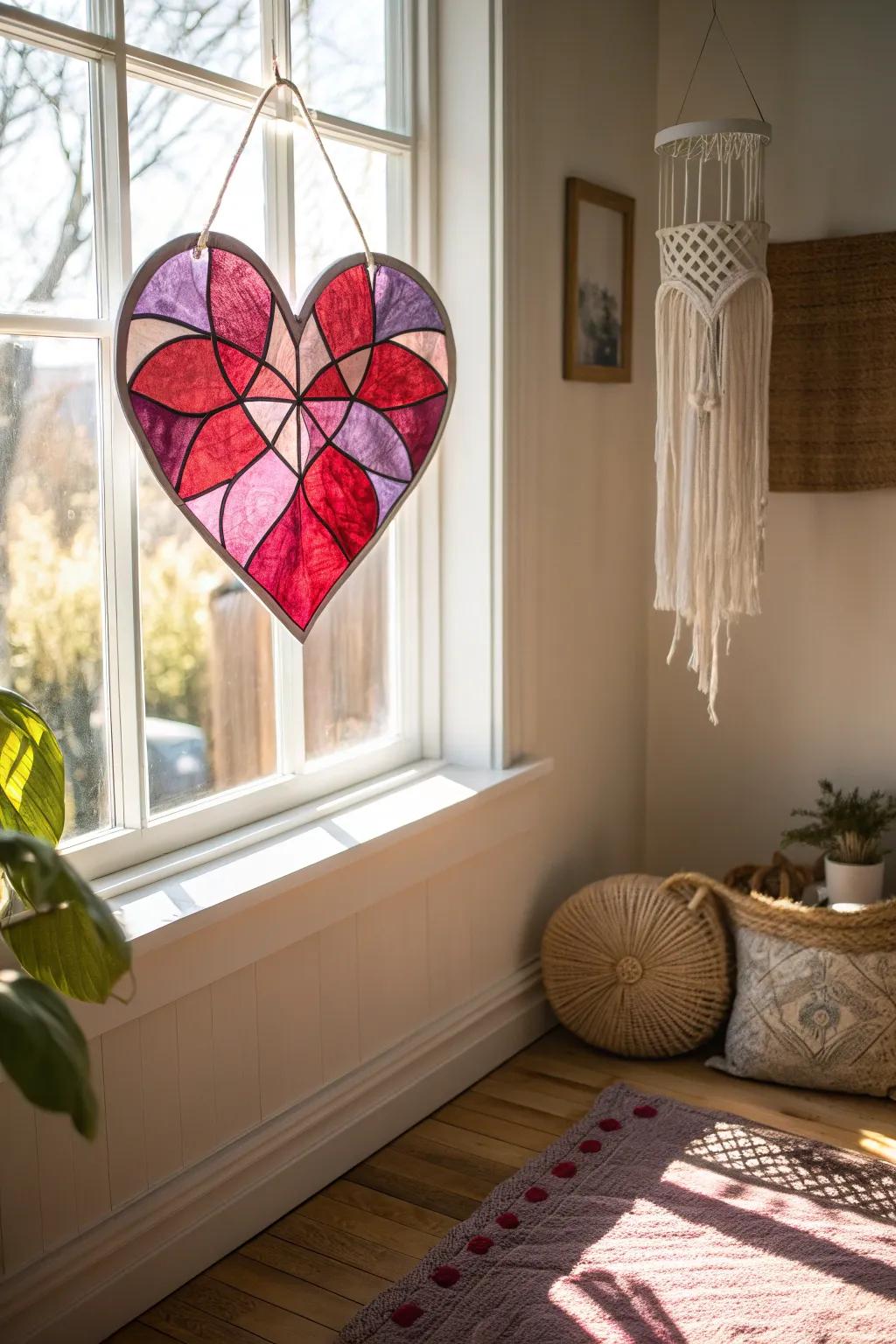 Capture the enchantment of light with this self-made painted glass heart. Perfect for adding a burst of color to any minimalist setting.
