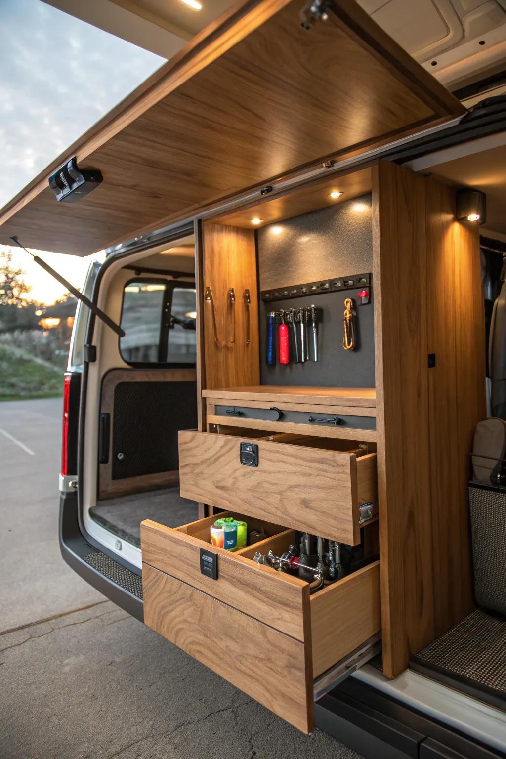 Explore the skill of concealed storage: Enhance your van transformation with refined and intelligent cabinet solutions.