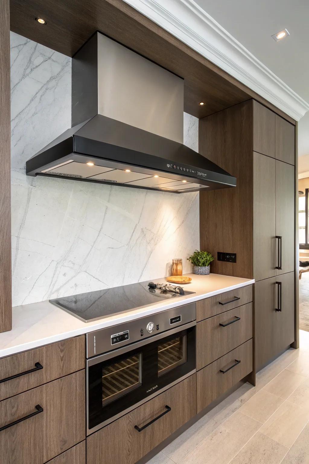 Transform your kitchen with a unified, integrated range hood design that captures modern minimalism and artistry.