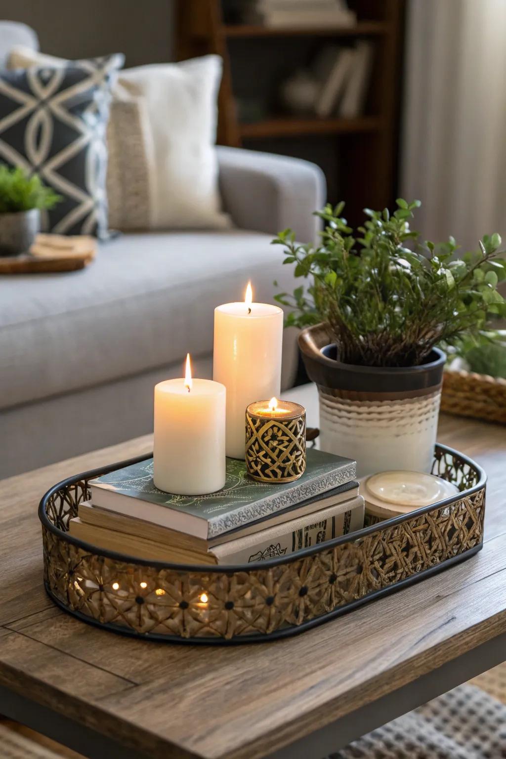 A fashionable coffee table vignette accentuated by a decorative tray.