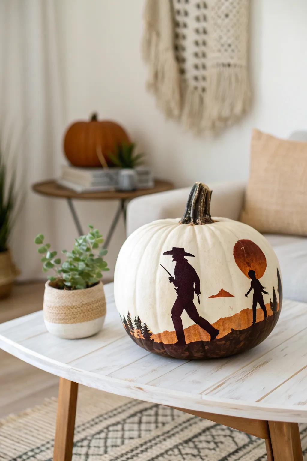 Celebrate the essence of the Old West with this magnificent range rider silhouette pumpkin design—perfect for contributing a countryside element to your fall décor.
