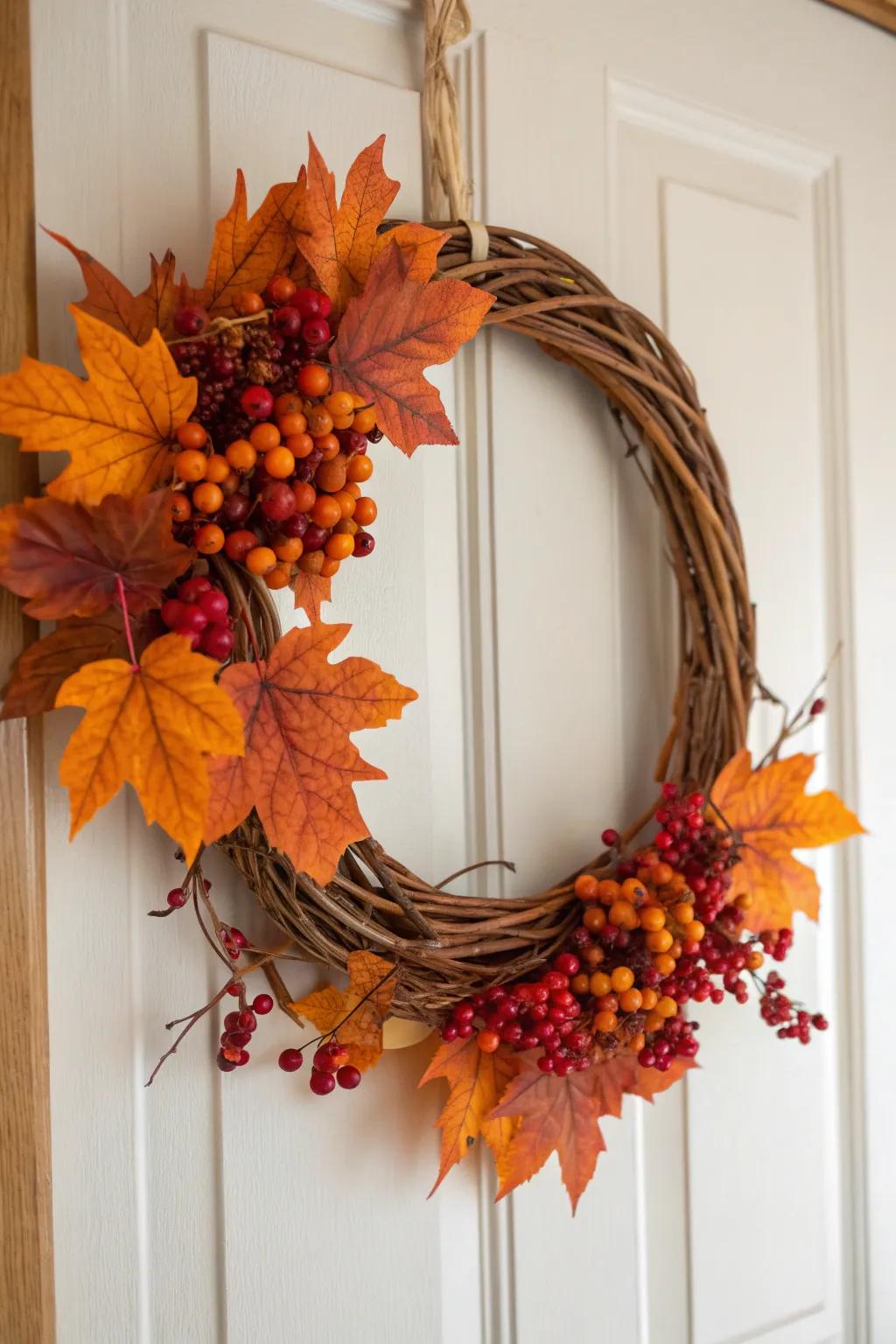 Celebrate the coziness of fall with a handmade wicker wreath, decorated with colorful autumn leaves and berries.
