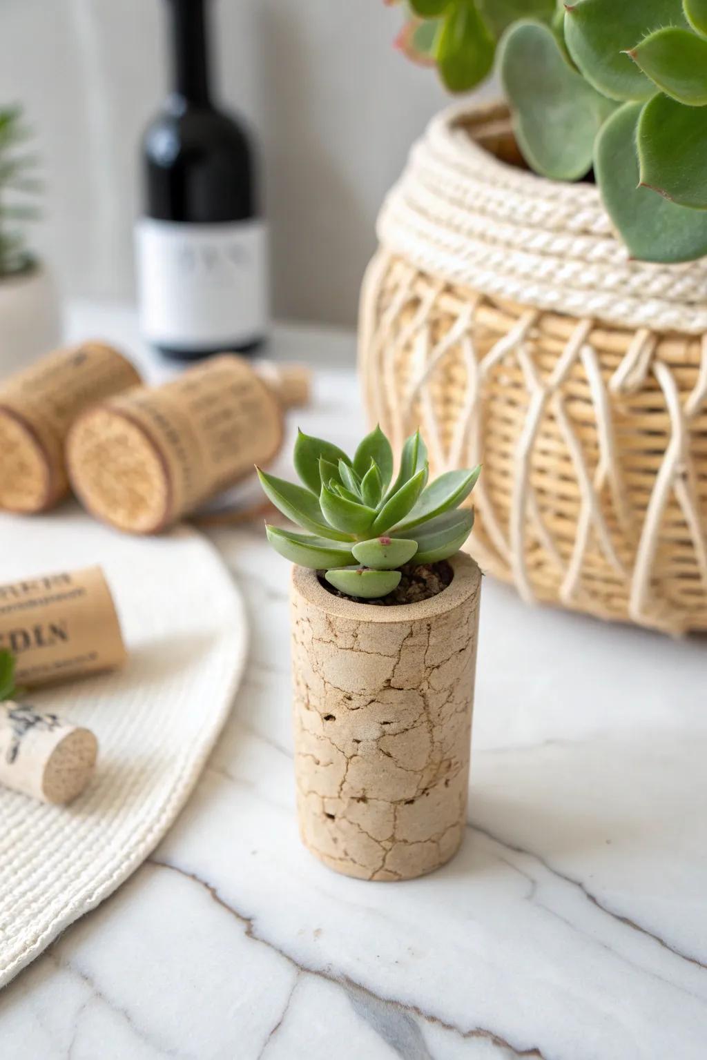 Simply charming: A wine cork succulent planter introduces a natural touch to your residence.