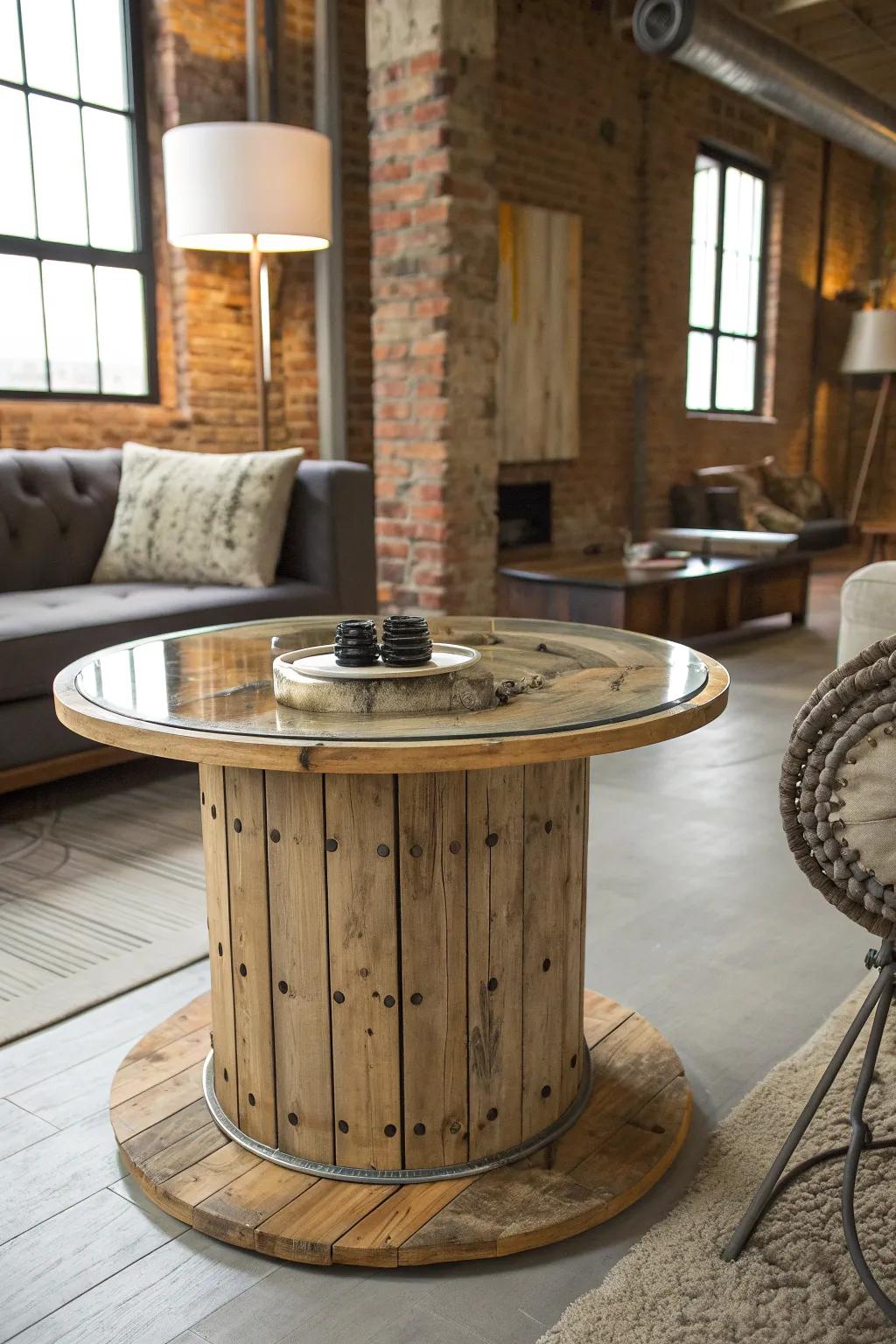 Redefine your living space with this modern industrial cable wheel coffee table.
