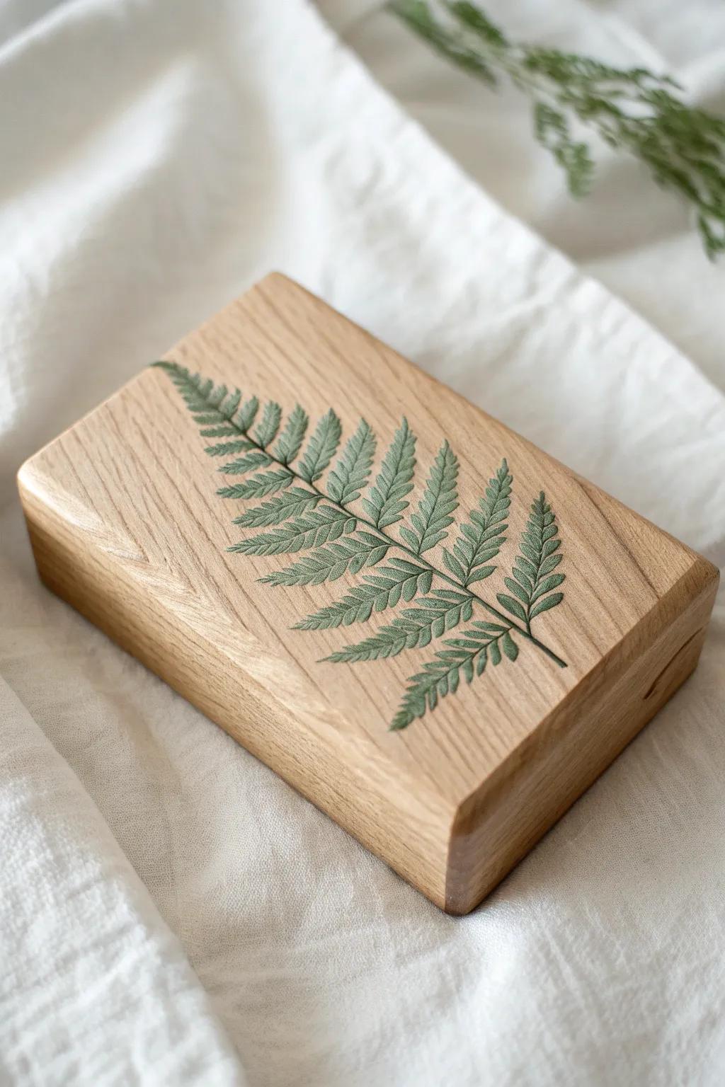 Usher the tranquility of the natural world indoors via this handcrafted timber block artistry, showcasing a sophisticated fern silhouette.