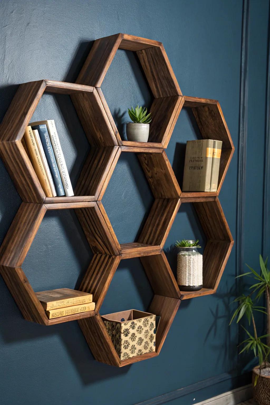 Enhance your space with the refinement of geometric shelving—where artisanship merges with contemporary design.