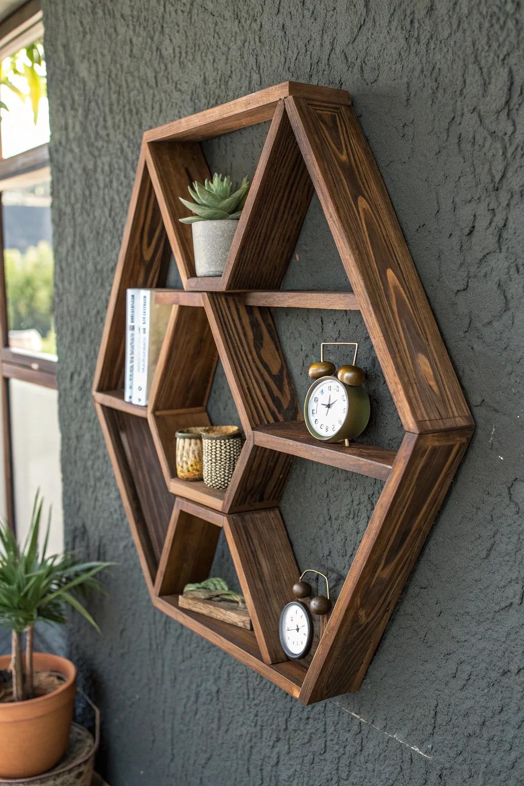 Amplify your area with geometric grace—masterfully designed wooden shelves that unite panache and practicality.