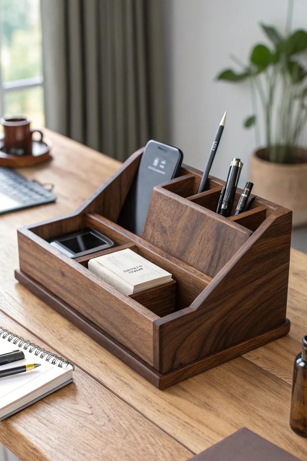 Enhance your workspace with this handcrafted wood desk caddy, merging practicality with natural sophistication.