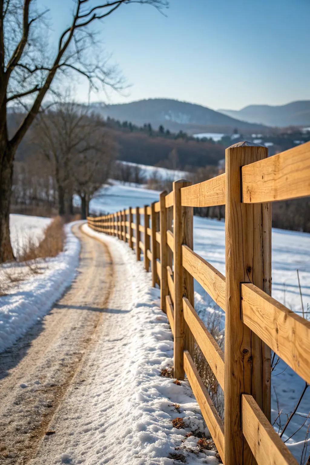Relish the pastoral allure of a handmade timber snow barrier within a serene countryside setting.