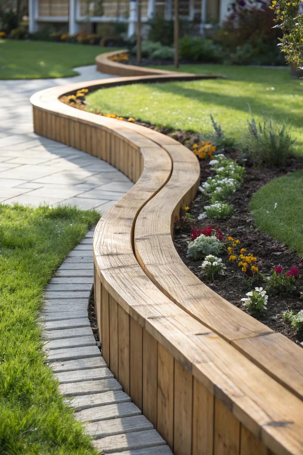 Savor the refinement of curves with meticulously handcrafted wooden garden borders.