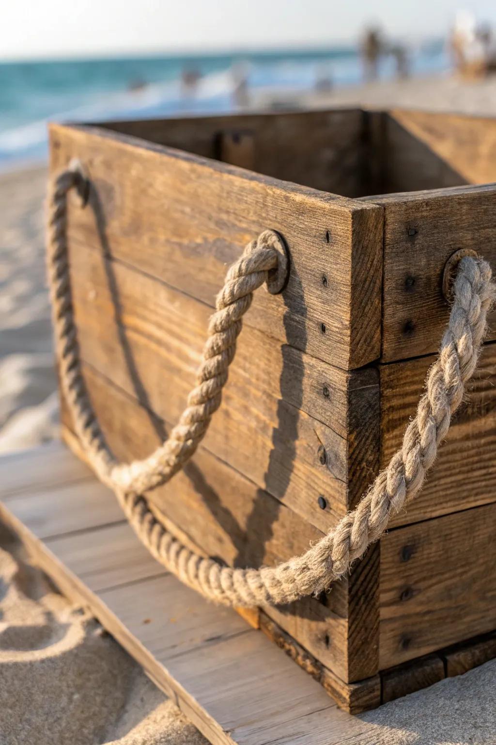Accept a maritime influence with artisanal cordage grips for your wooden containers.