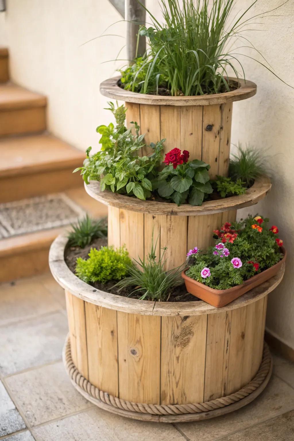 With this amazing wooden spool planter that combines simplicity and nature's beauty, you can enhance your garden.