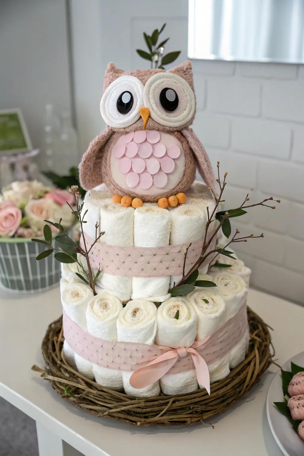 Artisanal creation imbued with affection: A whimsical strigine nappy cake nestled amidst Scandinavian-inspired simplicity.
