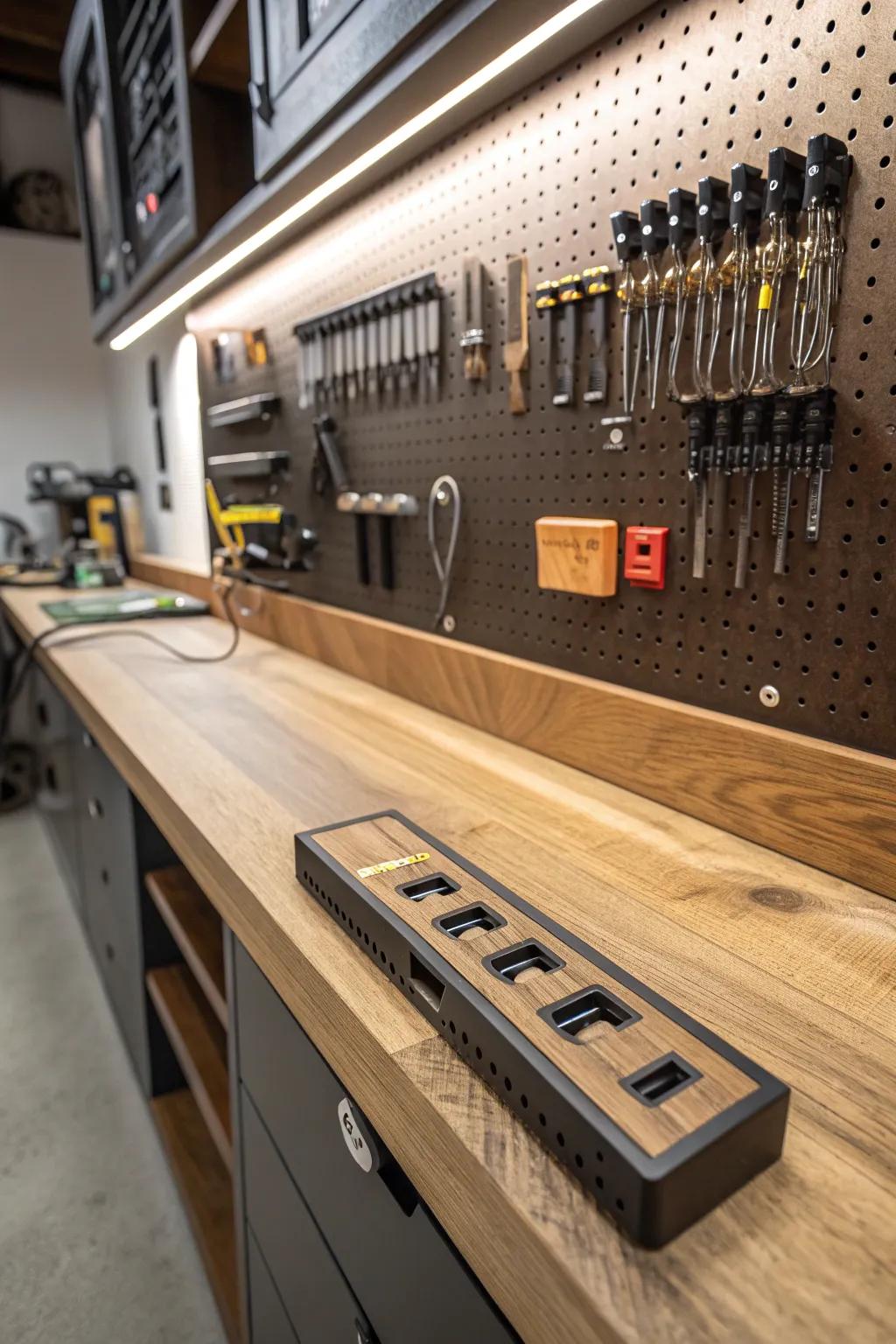Refine your workspace with a flawlessly integrated power solution. #Craftsmanship #WorkshopInspiration