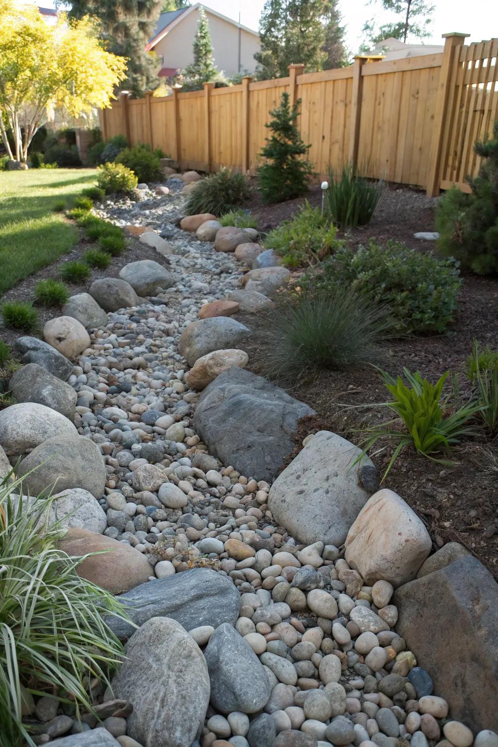 Beautify your garden with a skillfully crafted desert wash for all-natural water dispersal.