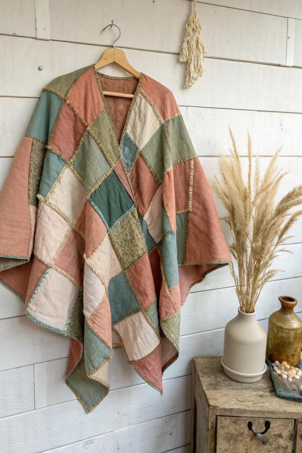 Embrace the cozy charm of a handmade patchwork poncho—where boho meets minimalist elegance.