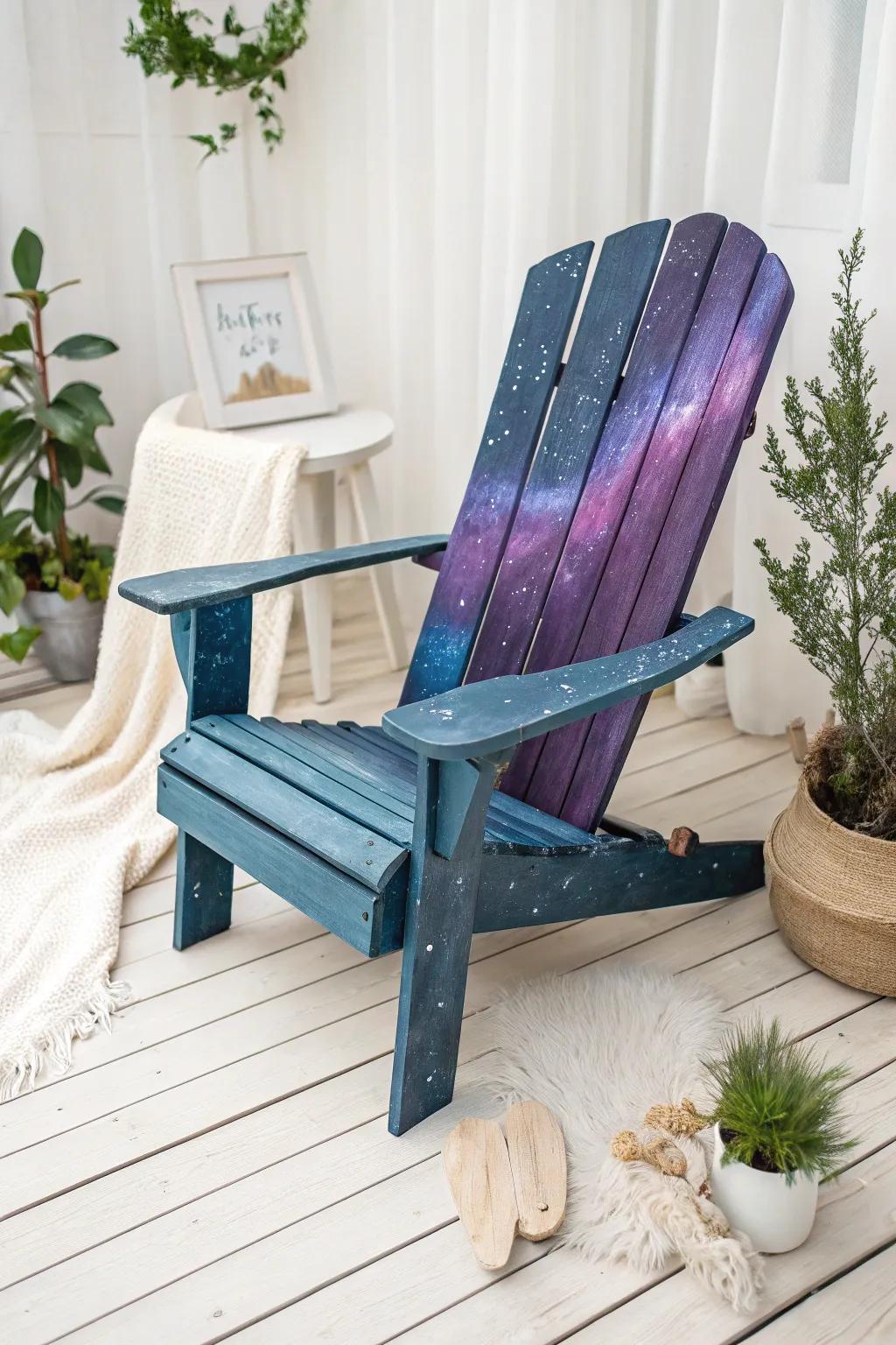 Transform your backyard into a cosmic retreat with a galaxy-inspired Adirondack chair, where craftsmanship meets celestial beauty.