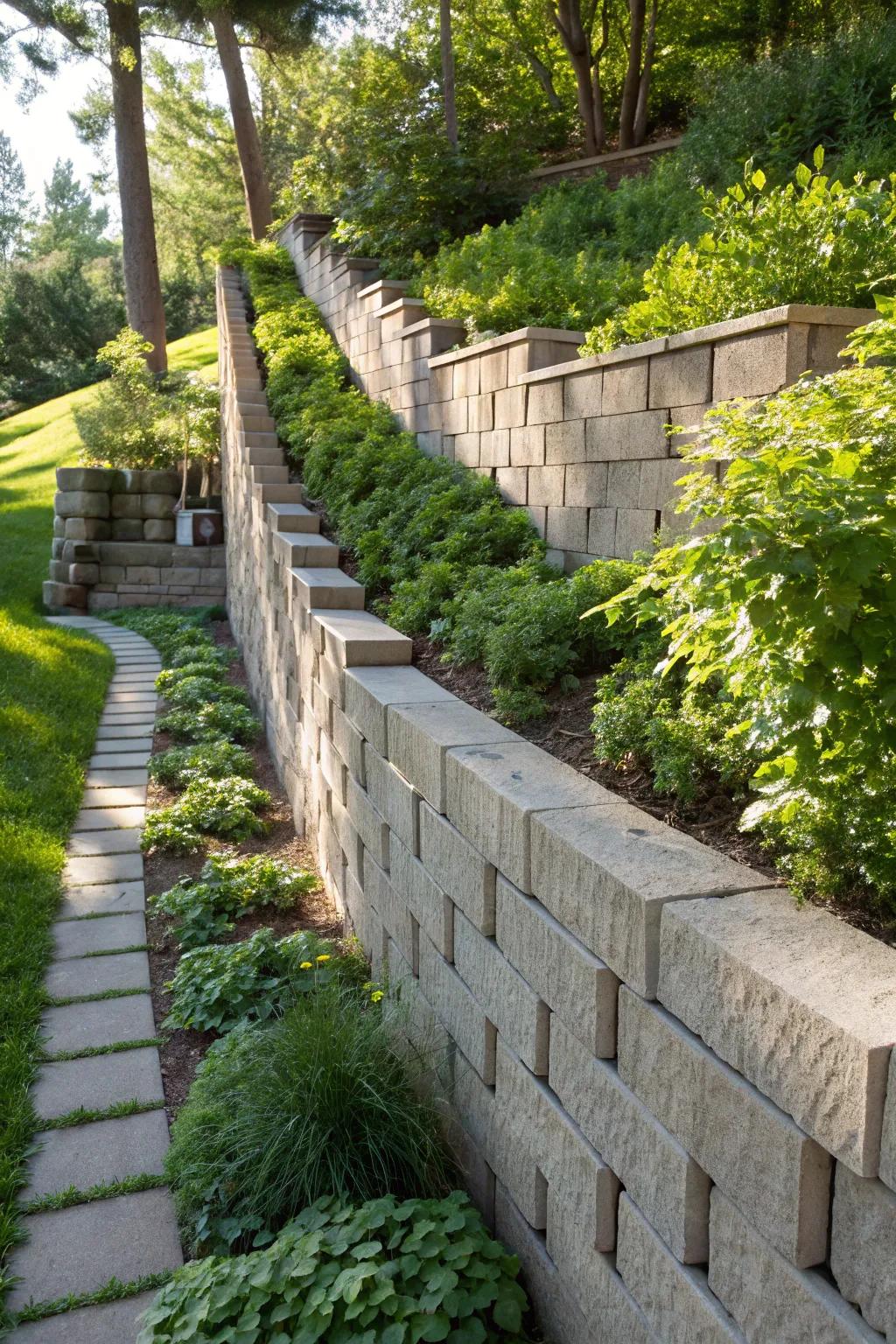 Elevate your garden's design with a uniquely crafted concrete block retaining structure.