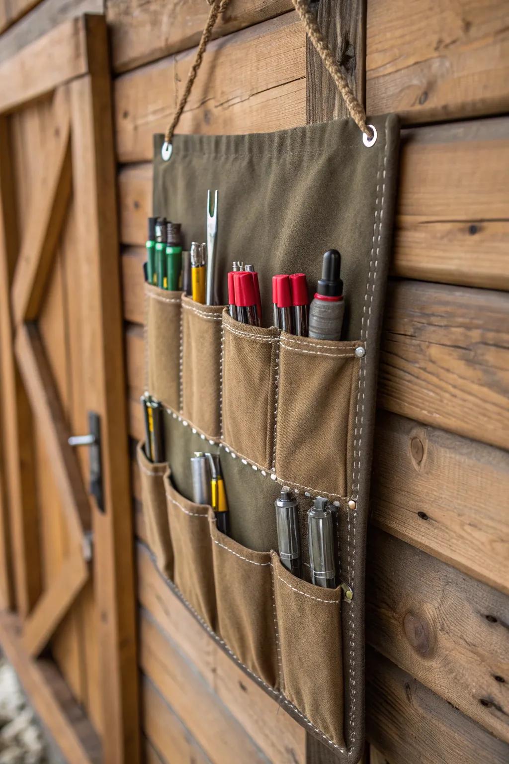 Enhance your workspace with a bespoke fabric pocket organizer, where artistry meets functionality.
