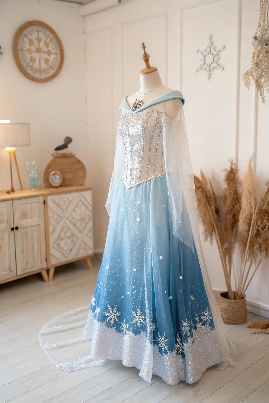 Step into a Wintery Realm through this enchanting attire, where simplicity converges with the enchantment of frost and snow.