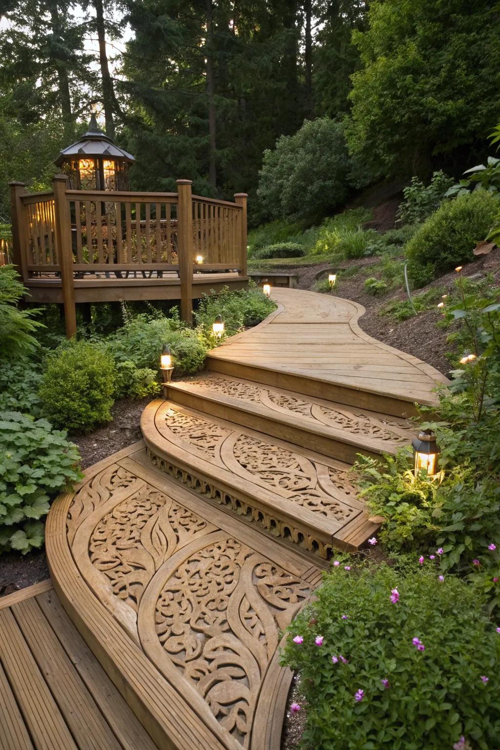 Elevate your landscape through a distinctively handcrafted lumber path toward your idealized deck.