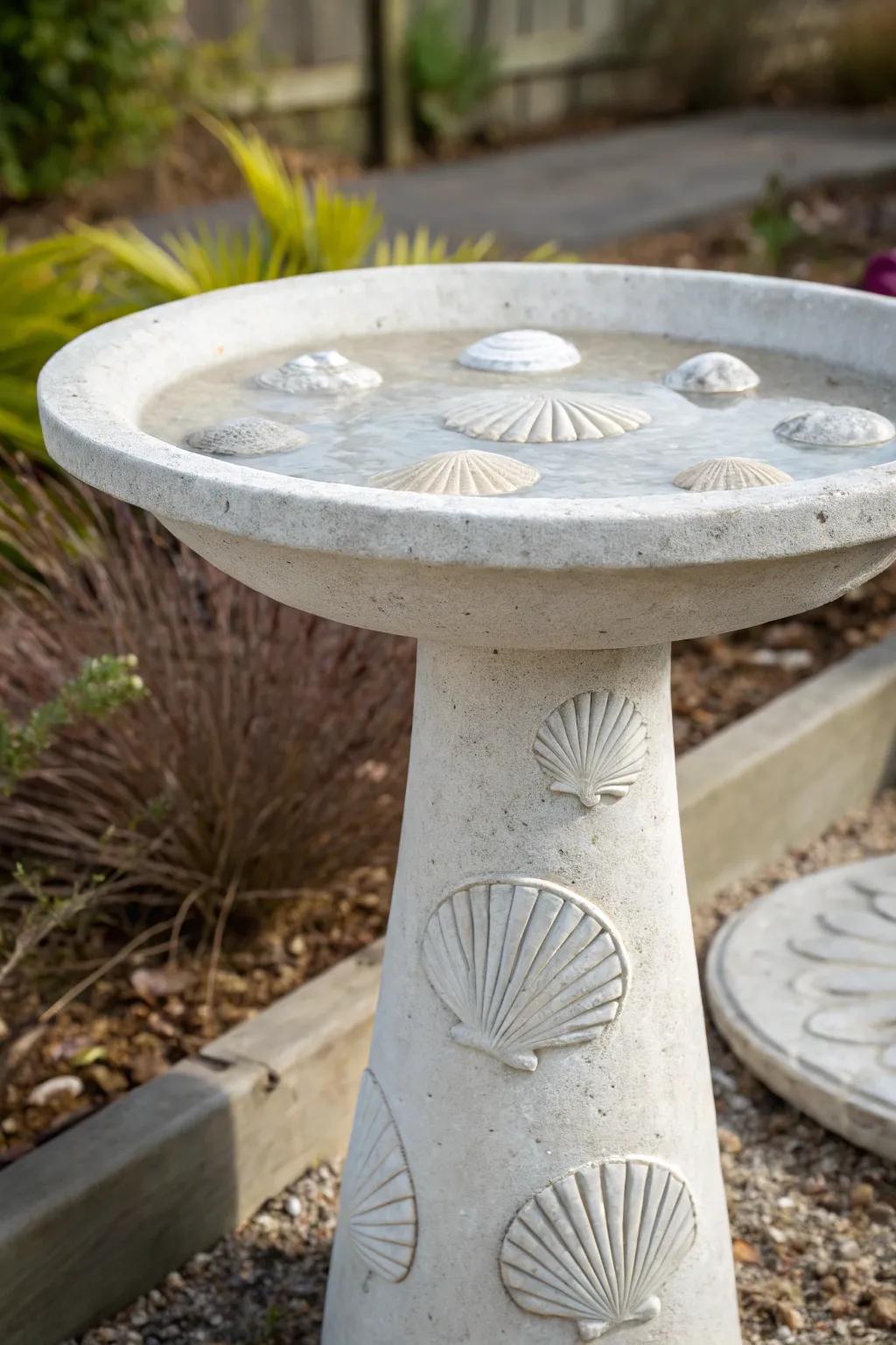 Introduce the seaside to your garden through this elegant shell-imprinted aggregate birdbath, wherein unpretentiousness converges with indigenous splendor.